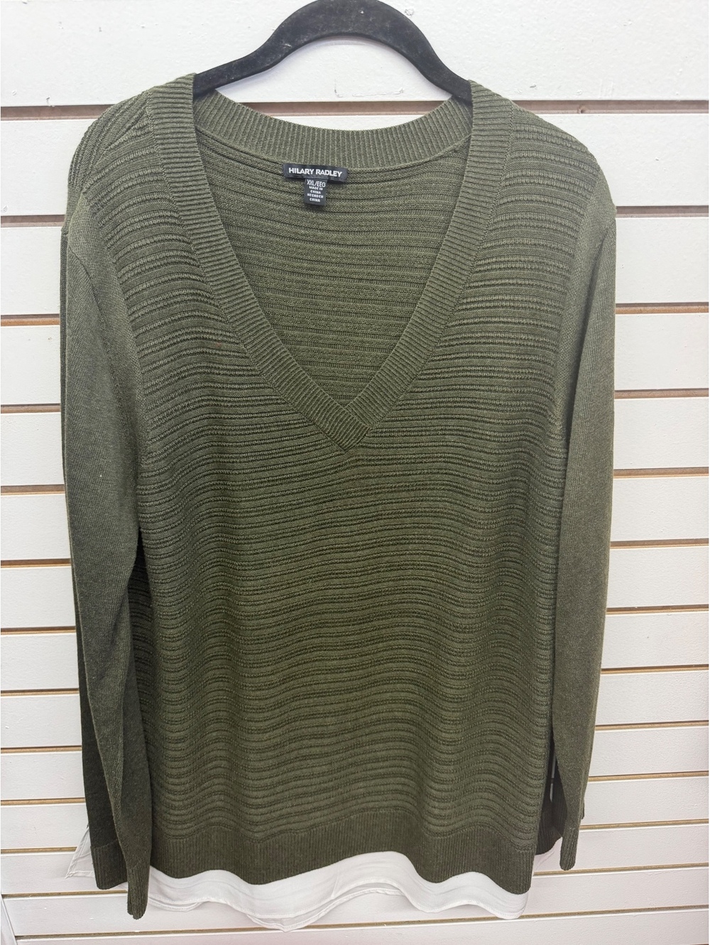 Hilary Radley XXL Olive Green V-Neck Layered Hem Knit Sweater